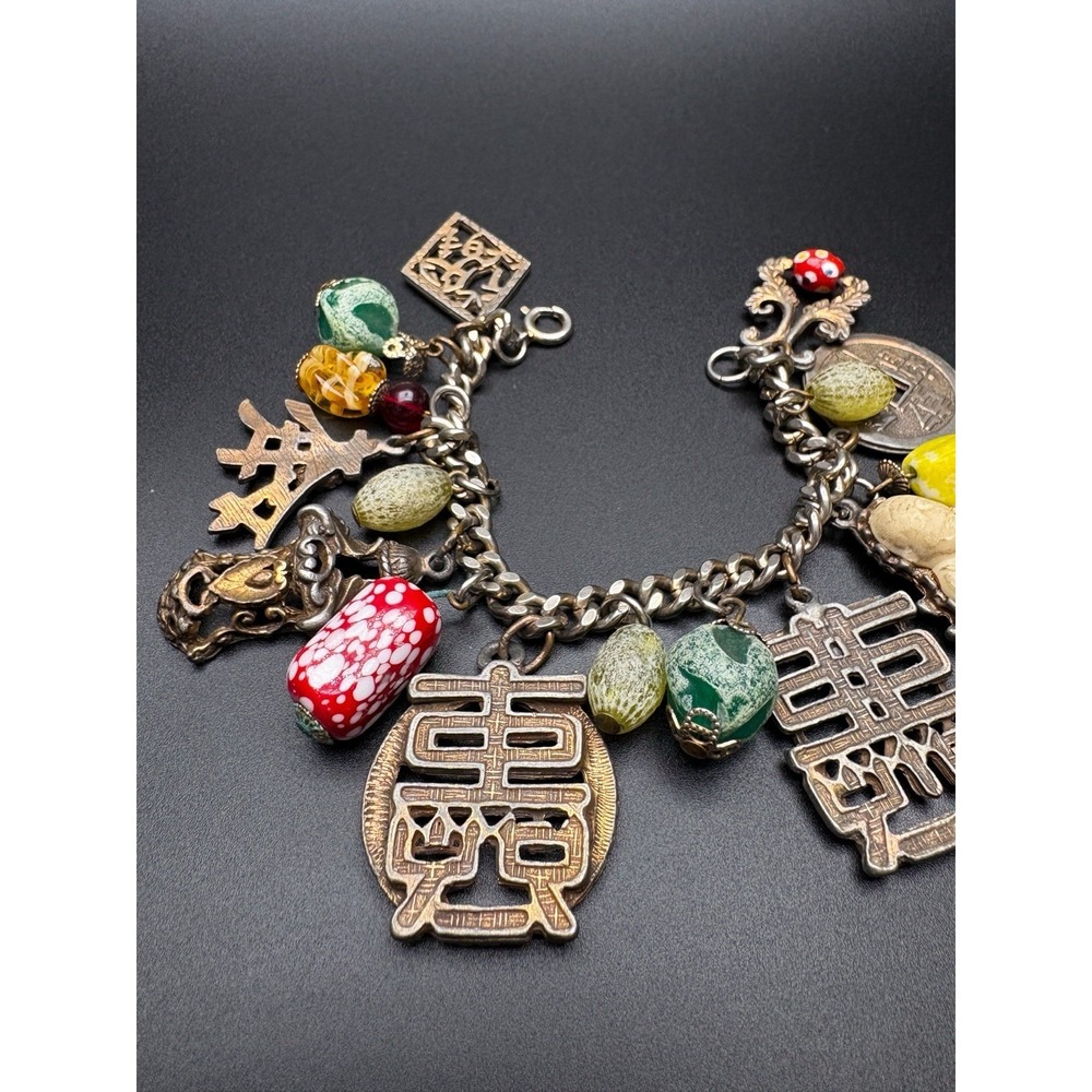 Vintage Charm Bracelet Chinoiserie Asian MCM Napier Art Glass Beads Chunky